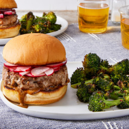 Ginger Pork Burgers with Black Bean Mayo & Roasted Broccoli