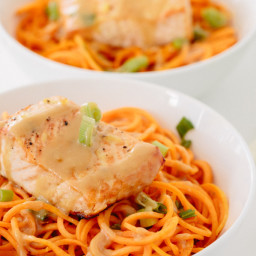 Ginger Roasted Salmon and Sweet Potato Noodles with Miso-Maple Dressing