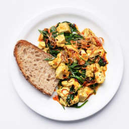 Ginger-Scallion Tofu Scramble With Spinach and Chili Oil