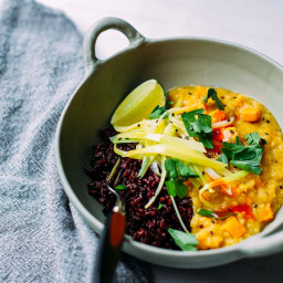 Ginger Sweet Potato Dal with Coconut Leeks