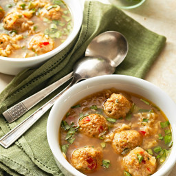Gingered Chicken Meatball Soup with Brown Rice and Basil