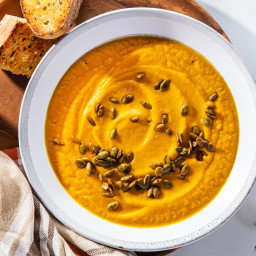 Gingered Pumpkin Apple Soup with Spiced Pepitas & Crostini