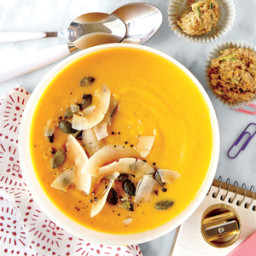 Gingered Sweet Potato Soup with Toasted Coconut and Pumpkinseeds