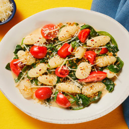 Gnocchi with Spinach & Grape Tomatoes topped with Garlic Butter Breadcrumbs
