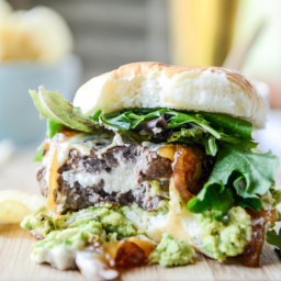 Goat Cheese Guac Burgers with Cheddar and Caramelized Onions