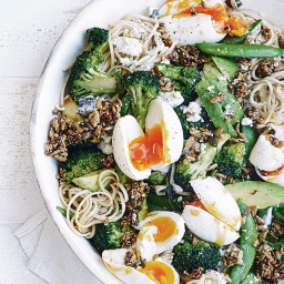 Goat's cheese and soft-boiled egg noodle salad