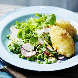 Goats' cheese quenelles with pea, mint and radish salad