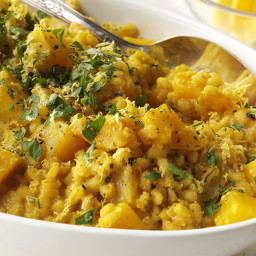 Golden Beet Curry Risotto with Crispy Beet Greens