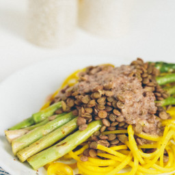 Golden Beet Pasta with Grilled Asparagus, Lentils and Roasted Garlic-Parmes