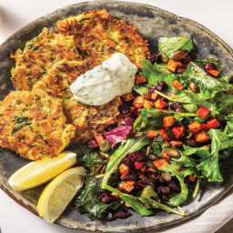 Golden Zucchini, Carrot & Cheddar Fritters with Sweet Potato Salad & Dill-P
