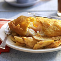 Golden beer-battered fish with chips