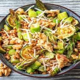 Gorgeous Greens Farro Bowl with Grilled Zucchini and Asparagus