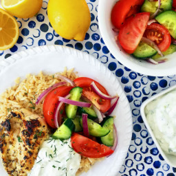 Greek Chicken Rice Bowl with Tzatziki and Salad