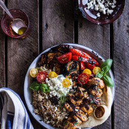 Greek Chicken Souvlaki and Rice Pilaf Plates w/Marinated Veggies + Feta Tza