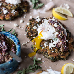 Greek Feta Chickpea Pancake Fritters with Poached Eggs + Olive Tapenade.