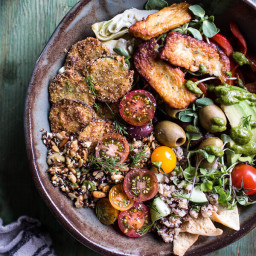 Greek Goddess Grain Bowl with Fried Zucchini, Toasted Seeds and Fried Hallo