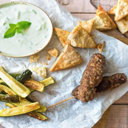 Greek Gyro Skewers with Roasted Zucchini, Baked Pita Chips, and Cucumber Tz