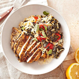 Greek Oregano Chicken with Spinach, Orzo, and Grape Tomatoes