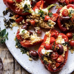 Greek Orzo Stuffed Red Peppers with Lemony Basil Tomatoes