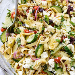Greek Pasta Salad with Cucumbers and Artichoke Hearts
