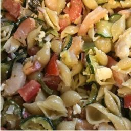 Greek Pasta Salad with Shrimp, Tomatoes, Zucchini, Peppers, and Feta