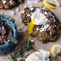 Greek Feta Chickpea Pancake Fritters with Poached Eggs + Olive Tapenade.