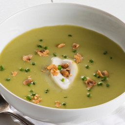 Green Asparagus Soup with Celery Seed Sour Cream and Toasted Hazelnuts