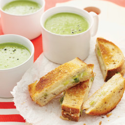 Green-Pea Soup with Cheddar-Scallion Panini