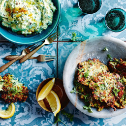 Greg Malouf's zucchini fritters with spinach and golden raisin dip