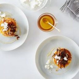 Griddled Polenta Cakes with Caramelized Onions, Goat Cheese, and Honey
