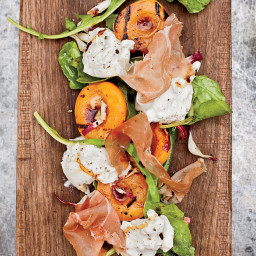 Grilled Apricots with Burrata, Country Ham and Arugula