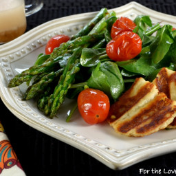 Grilled Asparagus, Tomato, and Halloumi Salad with Arugula and Spinach