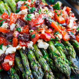 Grilled Asparagus with Marinated Roasted Red Peppers, Feta and Kalamata Oli