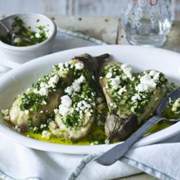 Grilled aubergines with olive oil, garlic, parsley and feta cheese