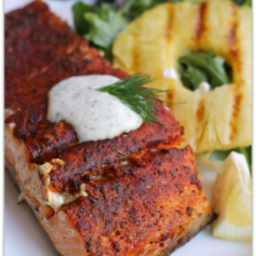 Grilled Blackened Salmon with Creamy Cucumber Dill Sauce