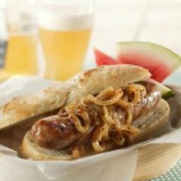 Grilled Bratwurst with Onions Braised in Beer and Mustard