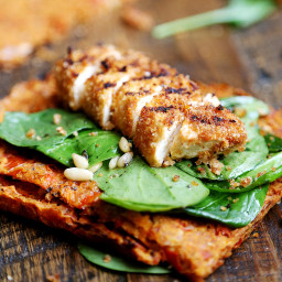 Grilled Breaded Tofu Steaks with Spinach Salad and Tomato Flaxseed Bread