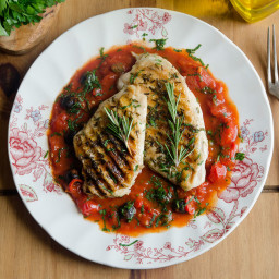 Grilled Chicken Breasts with Pan-Roasted Tomatoes and Olives