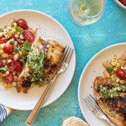 Grilled chicken breasts with salsa verde and white bean salad