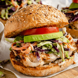 Grilled Chicken Caesar Sandwiches with Tahini Slaw