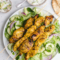 Grilled Chicken Skewers with Indian Marinade and Cucumber Raita