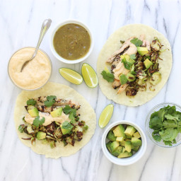 Grilled Chicken Tacos with Crispy Brussels Sprouts and Cashew Crema