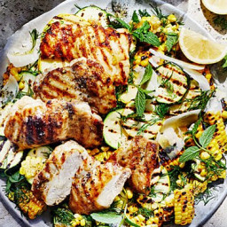Grilled Chicken Thighs with Charred Corn and Summer Squash