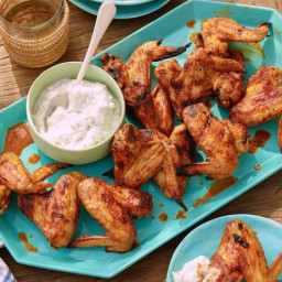 Grilled Chicken Wings with Spicy Chipotle Hot Sauce and Blue Cheese-Yogurt 