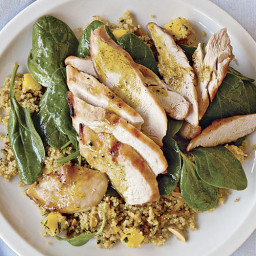 Grilled Chicken with Curried Couscous, Spinach, and Mango
