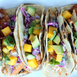 Grilled Chili-Lime Fish Tacos with Sour Cream Cabbage Slaw + Mango and Avoc