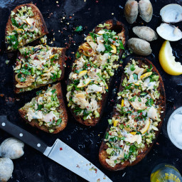 Grilled Clam Toasts with Lemon and Green Olives
