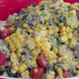 Grilled Corn and Tomato-Sweet Onion Salad with Fresh Basil Dressing and Cru