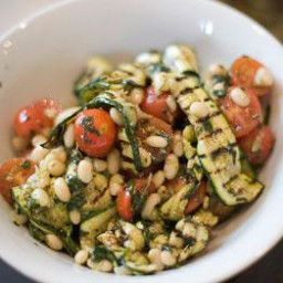 Grilled courgette, tomato and bean salad with basil dressing