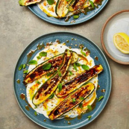 Grilled courgettes with warm yoghurt and saffron butter